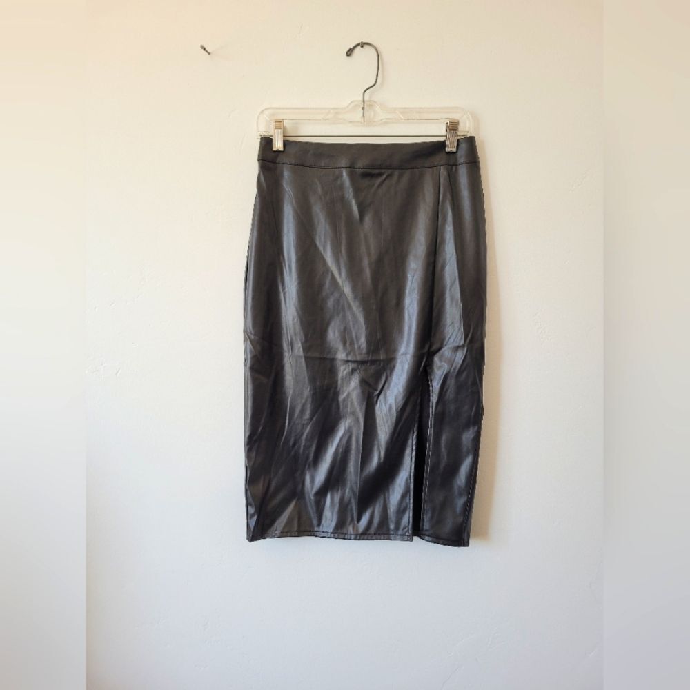 Faux Leather Pencil Skirt Vegan Pleather Black Slit Gothic Vamp Mobwife Office M